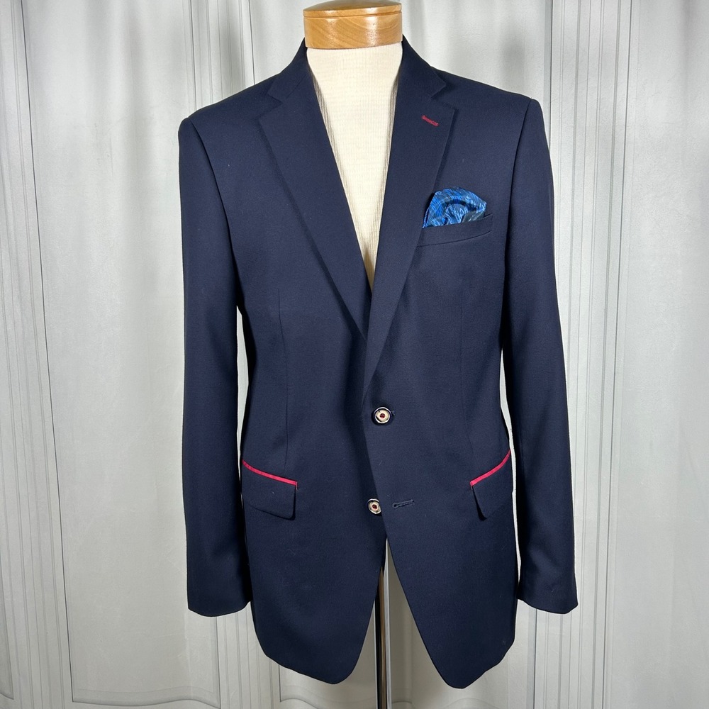 Mens Tallia Navy Blue Blazer, Red Trim + Pocket Square Size 42R